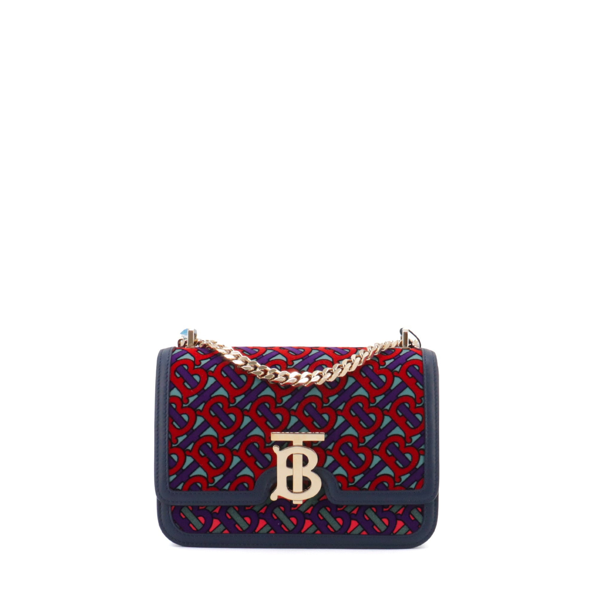 BURBERRY - Sac à bandoulière TB Burberry en velours monogrammé et cuir bleu marine