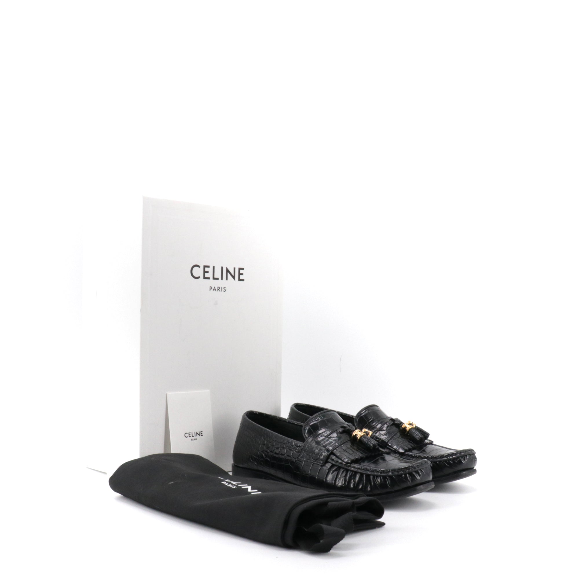 CELINE - Celine Triomphe loafers in black croc-embossed leather (size 37.5)
