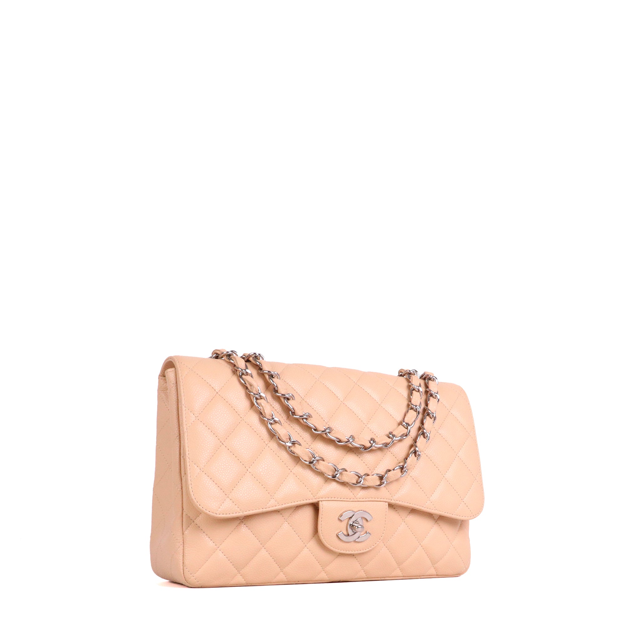 CHANEL - Sac à bandoulière Classique/Timeless Jumbo Chanel en cuir caviar beige