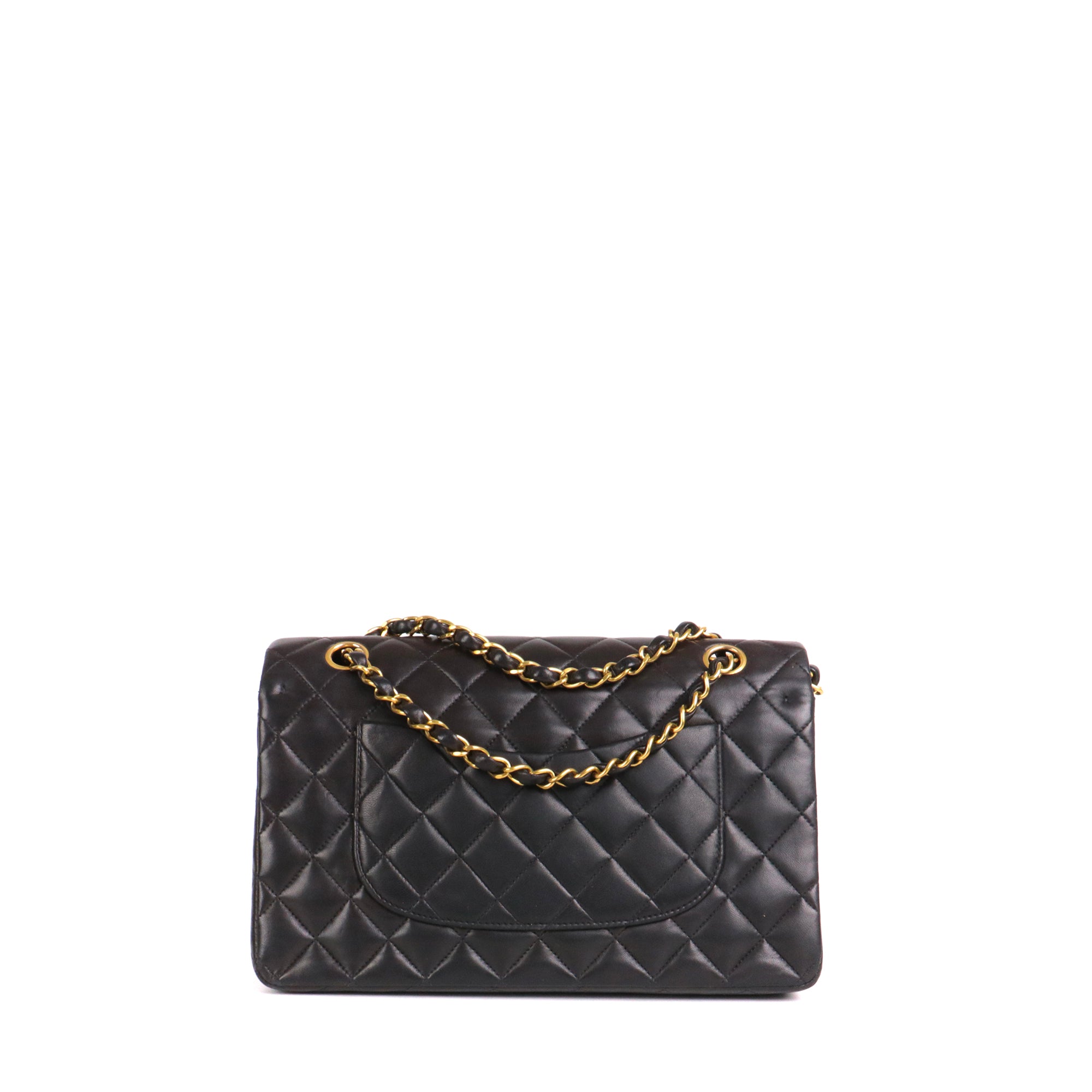 CHANEL - Sac à main Timeless/Classique medium Chanel double flap en cuir matelassé noir vintage