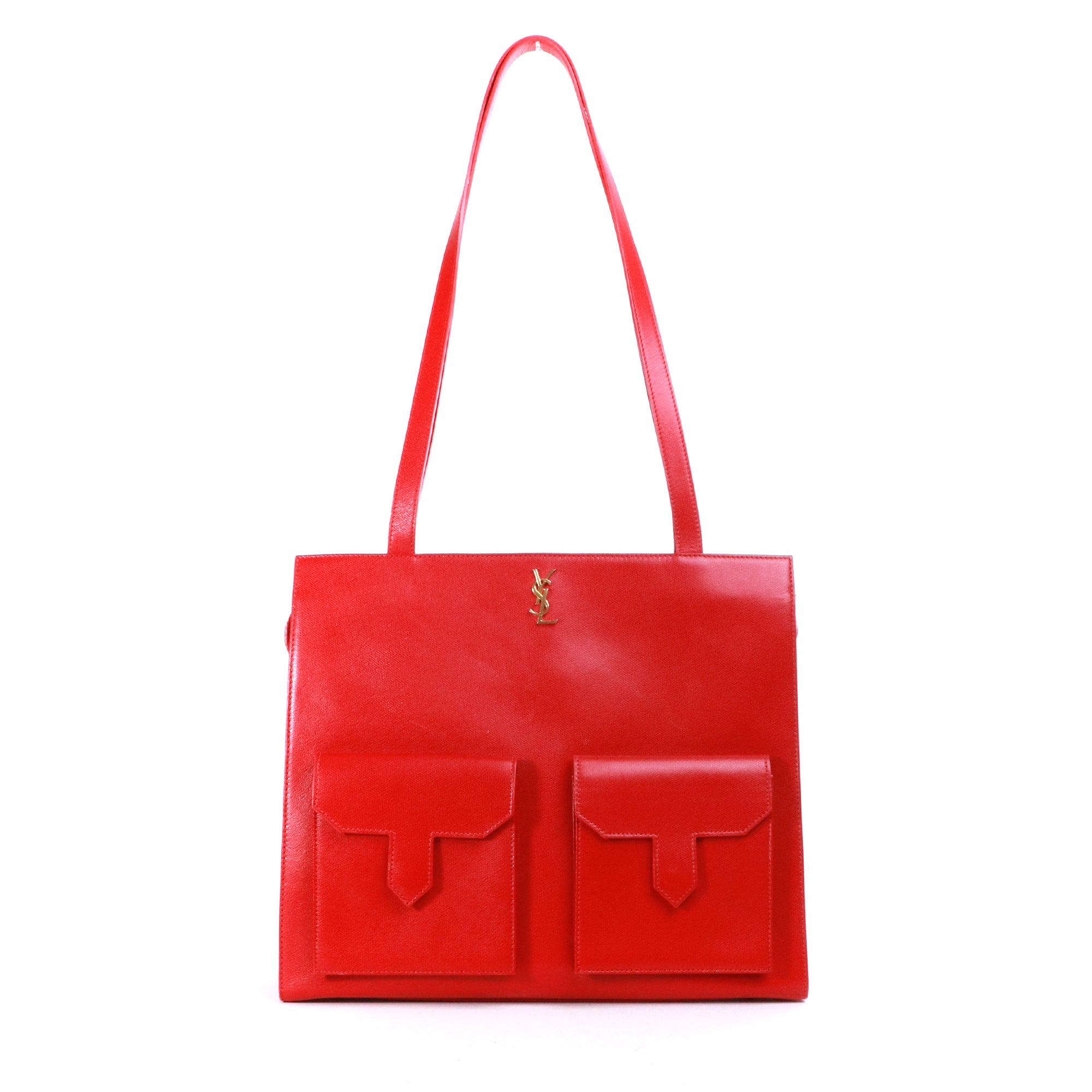 SAINT LAURENT - Sac cabas plat Yves Saint Laurent vintage en cuir grainé rouge