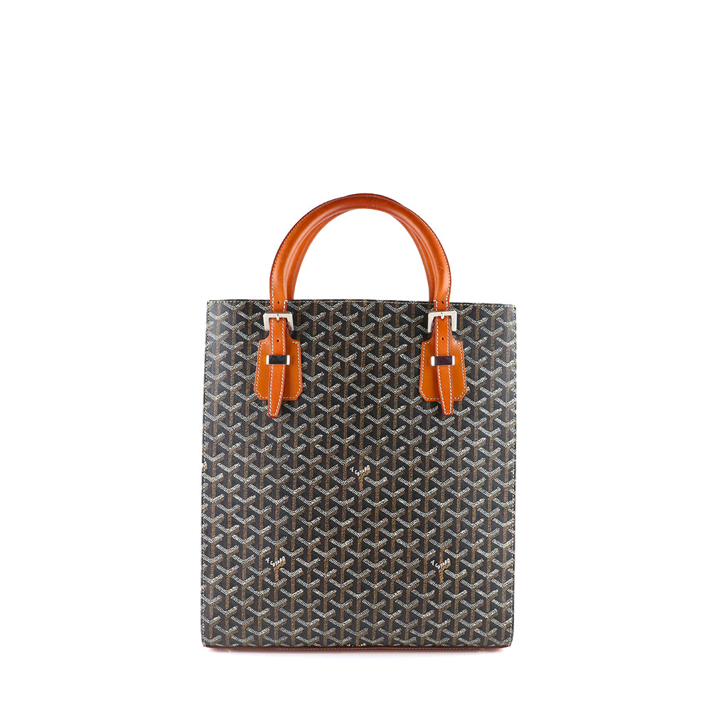 GOYARD - Sac cabas Comores en toile enduite noire et cuir marron