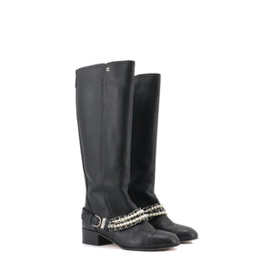 CHANEL - Bottes Chanel en cuir noir avec perles (T41.5)