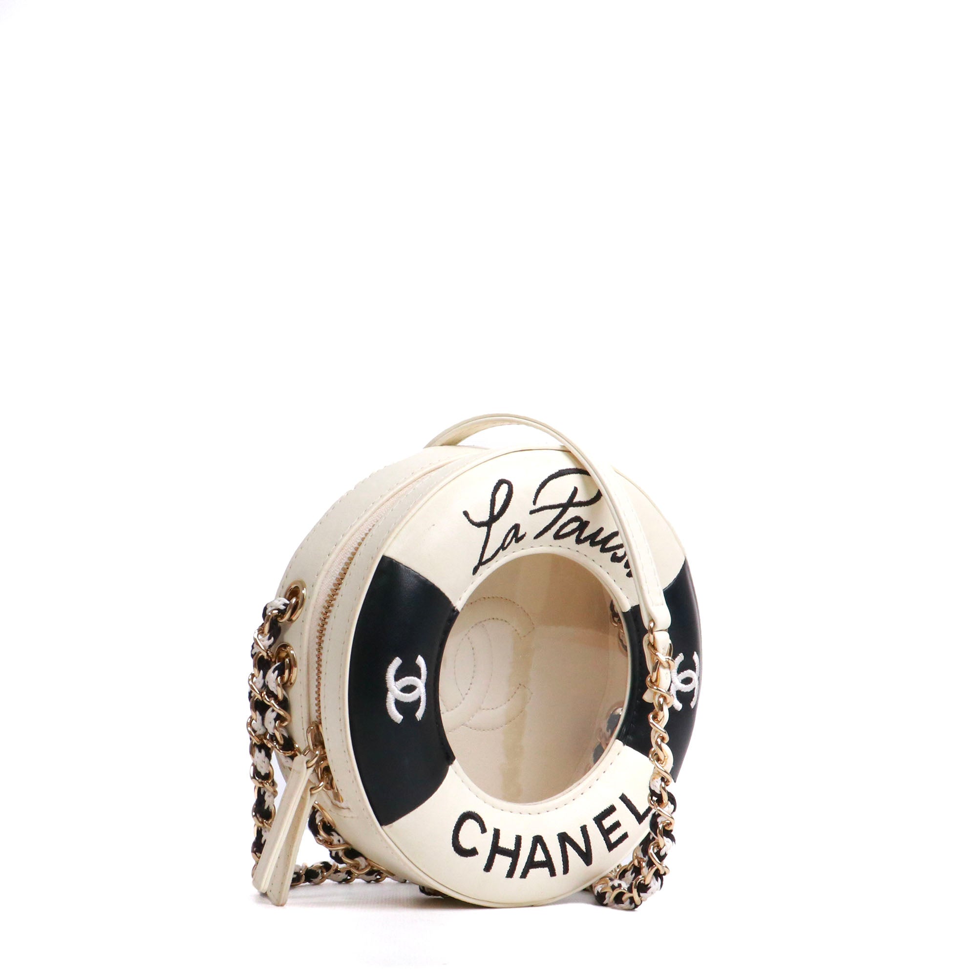 CHANEL - Sac à bandoulière Lifesaver La Pausa en cuir lisse blanc et noir