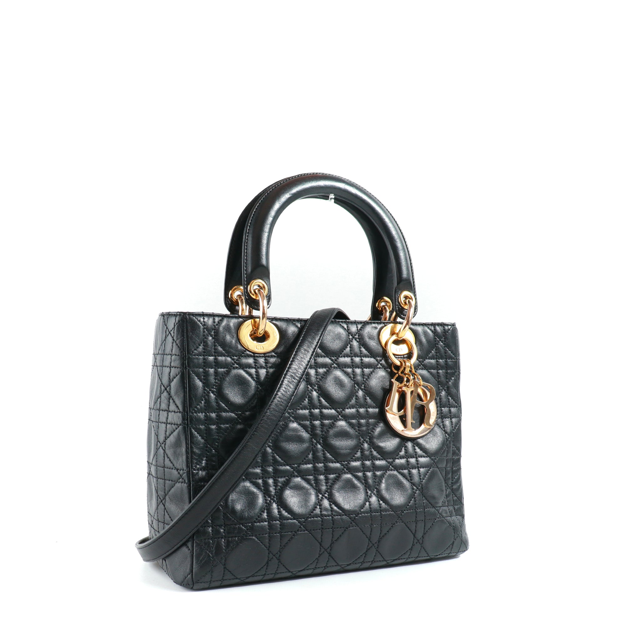 DIOR - Sac à main Lady Dior medium en cuir noir vintage