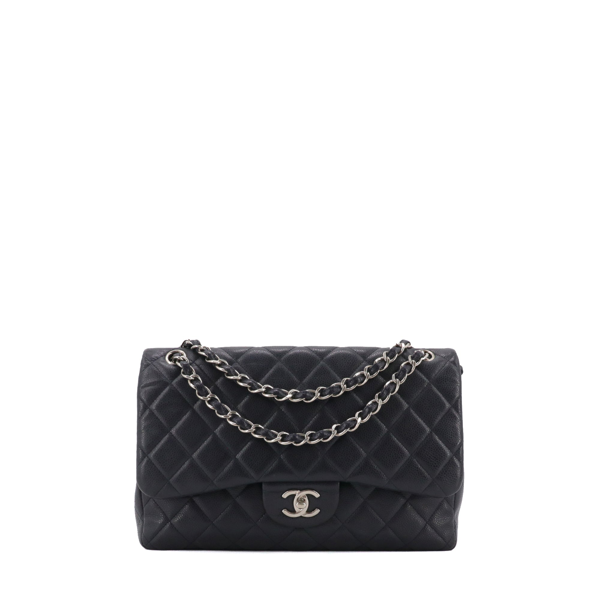 CHANEL - Sac à bandoulière Classique/Timeless Jumbo Chanel en cuir grainé bleu marine