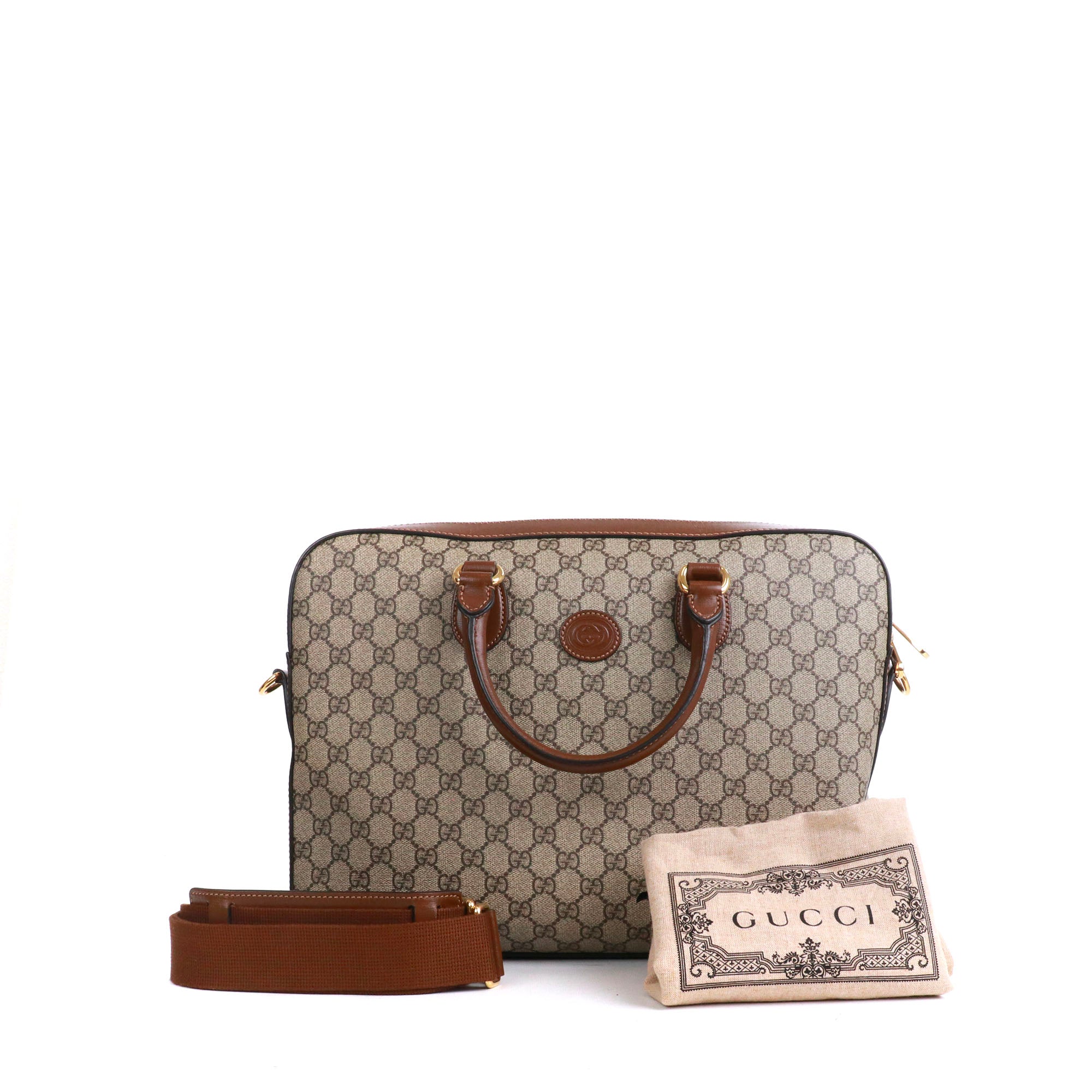 GUCCI - Sac Malette GG Gucci en toile enduite et cuir marron