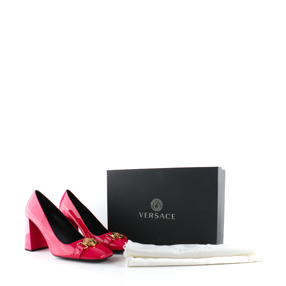 VERSACE - Medusa heeled sandals in pink patent leather (T39)