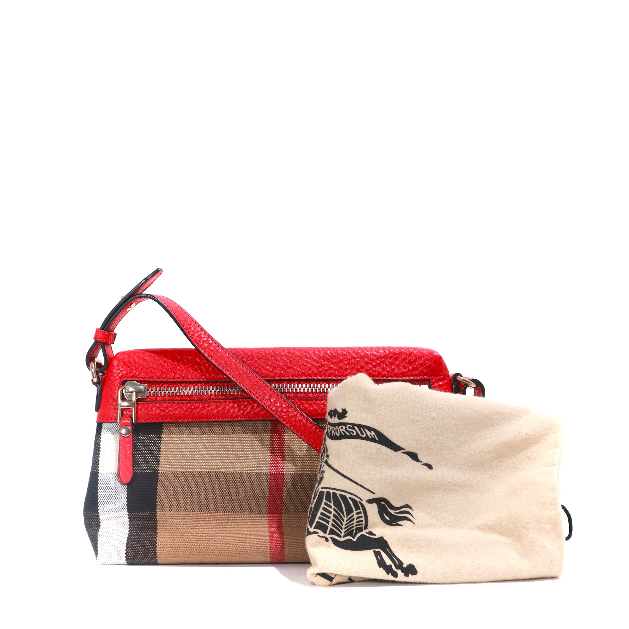 BURBERRY - Farley shoulder bag in red canvas and leather 