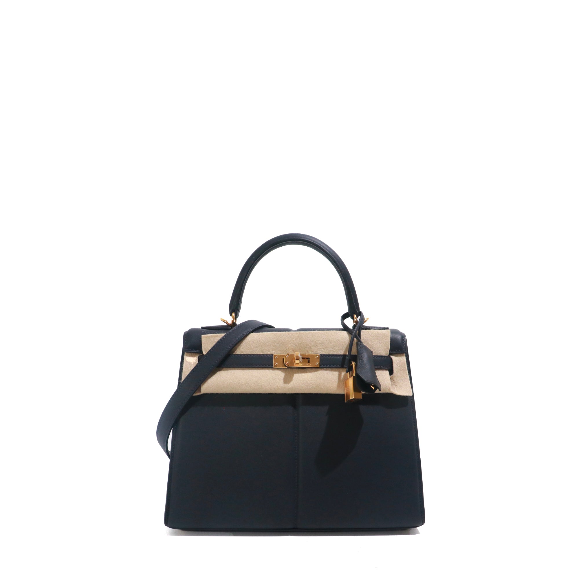 HERMÈS - Sac à main Kelly Padded 25 en cuir Swift Caban bleu marine