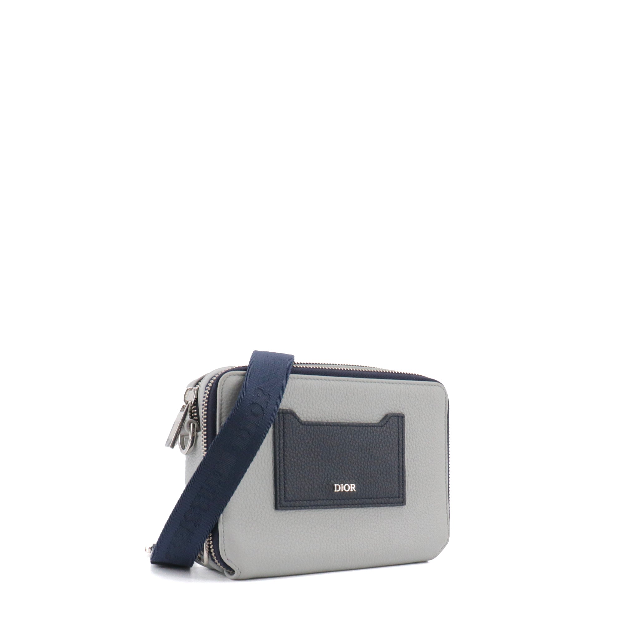 DIOR - Sac à bandoulière Dior en cuir grainé gris et bleu marine