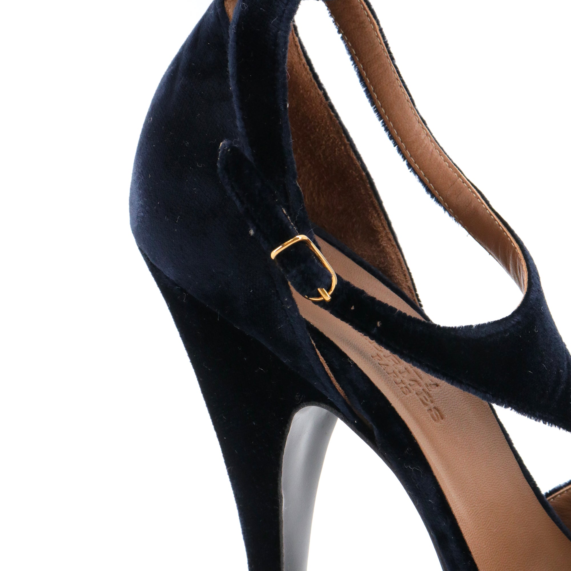 HERMÈS - Hermès heeled sandals in navy blue velvet (size 37.5)