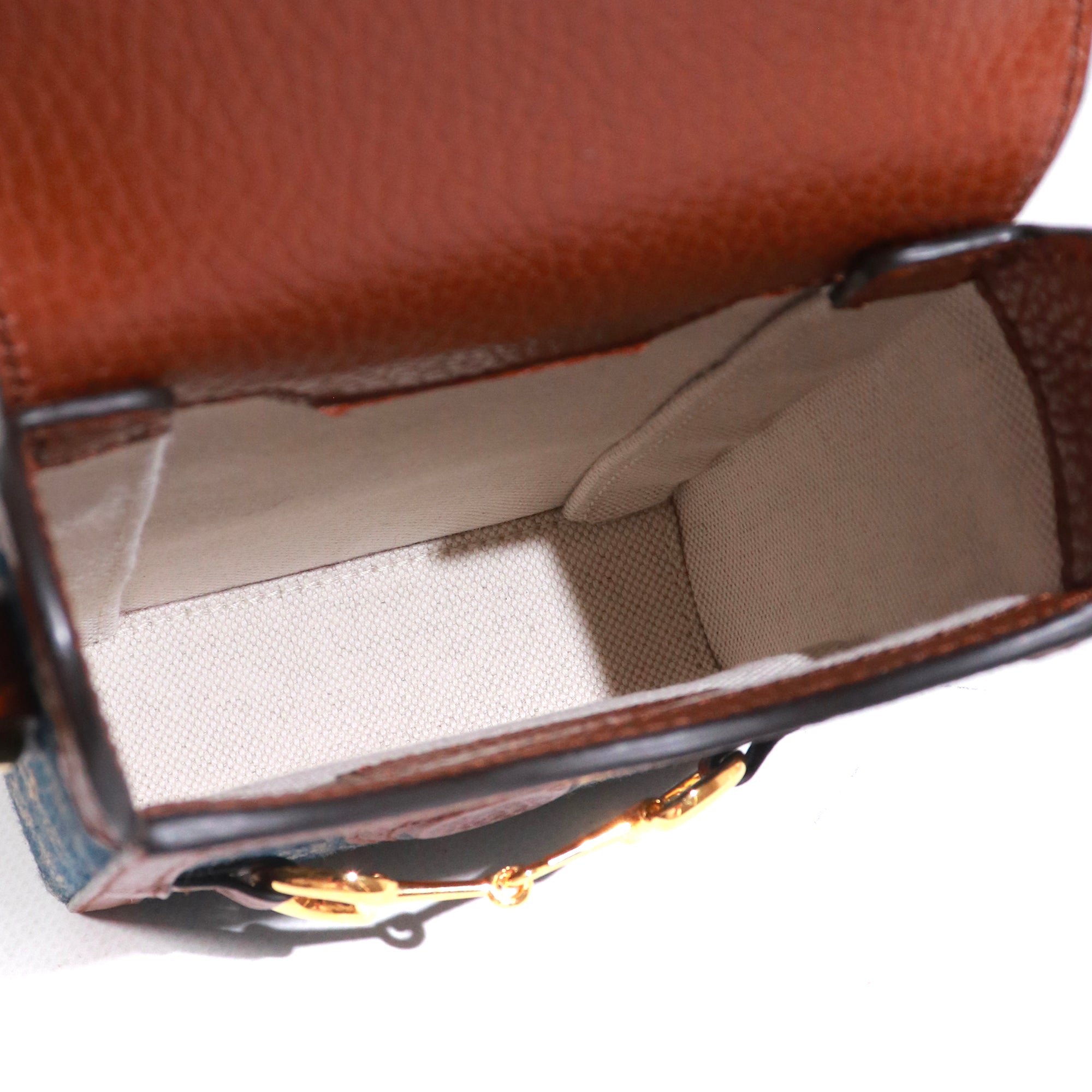 GUCCI - 1955 Mini horsebit detail shoulder bag in denim and brown leather