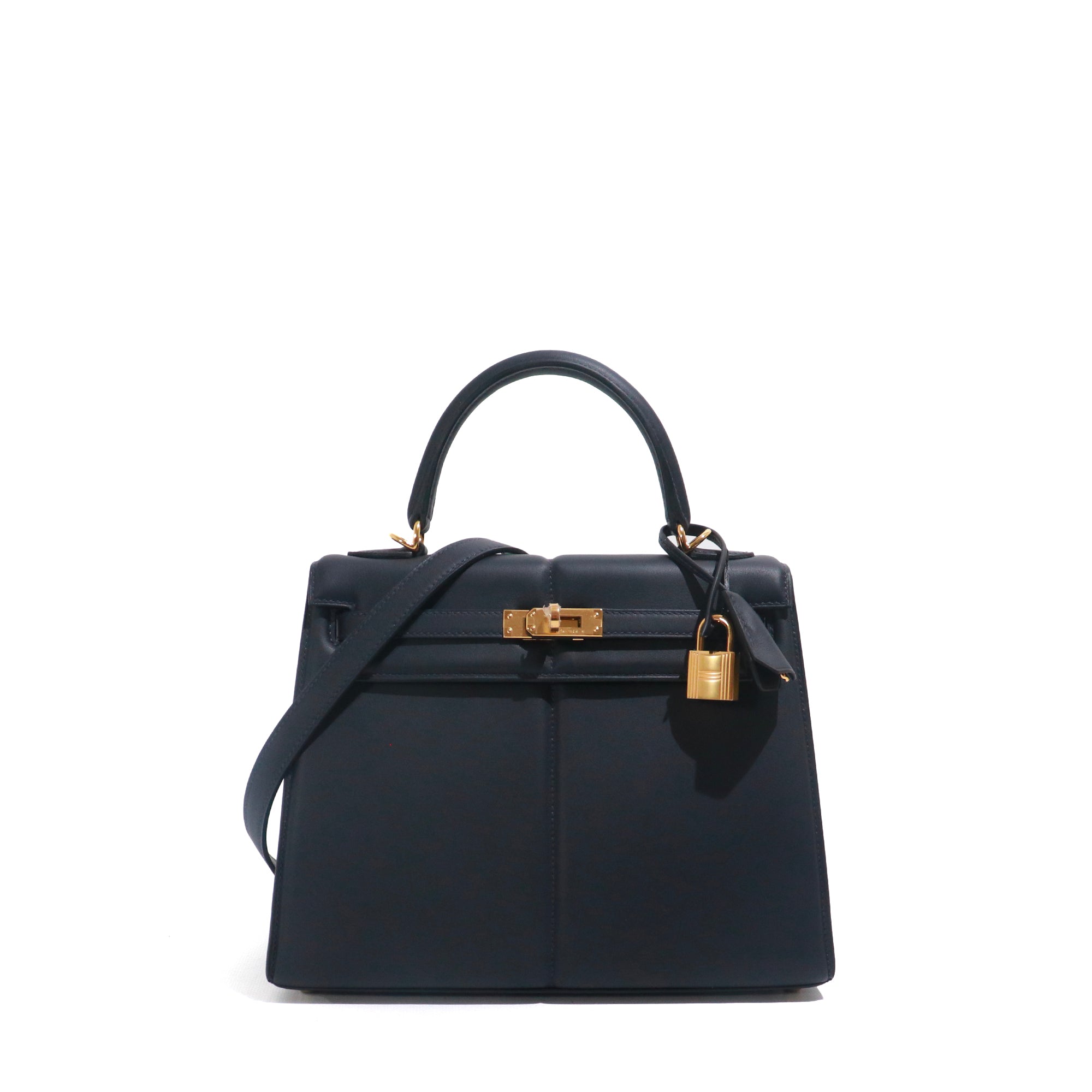 HERMÈS - Sac à main Kelly Padded 25 en cuir Swift Caban bleu marine