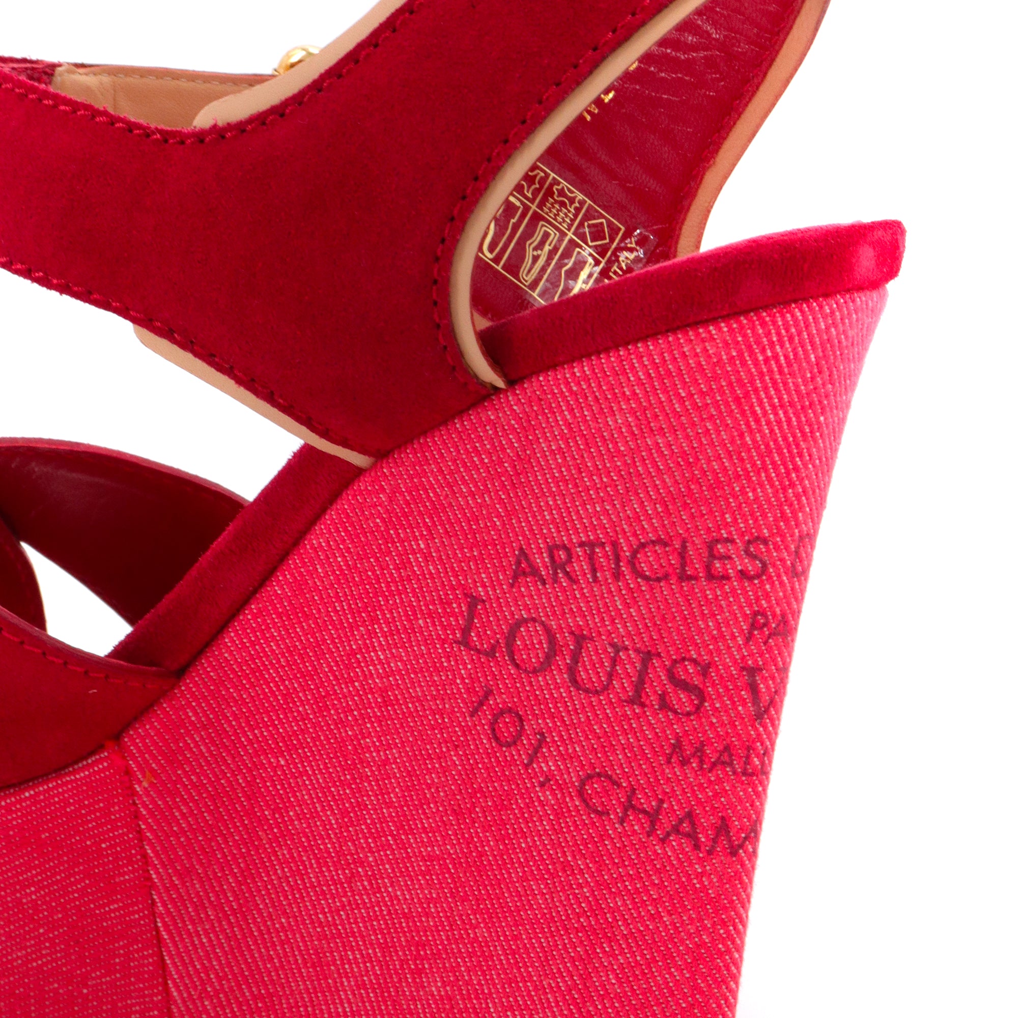 LOUIS VUITTON - Sandales compensées Louis Vuitton en denim et daim rouge (T37.5)
