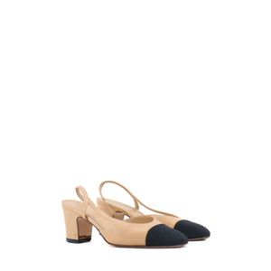 CHANEL - Chanel Slingback Heeled Sandals in Beige Leather and Black Canvas (Size 36)