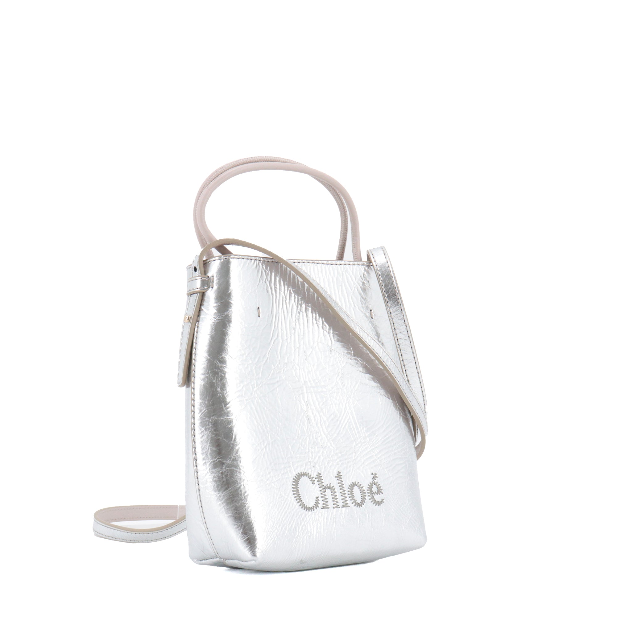 CHLOÉ - Chloé Sense micro-tote shoulder bag in silver crinkled leather