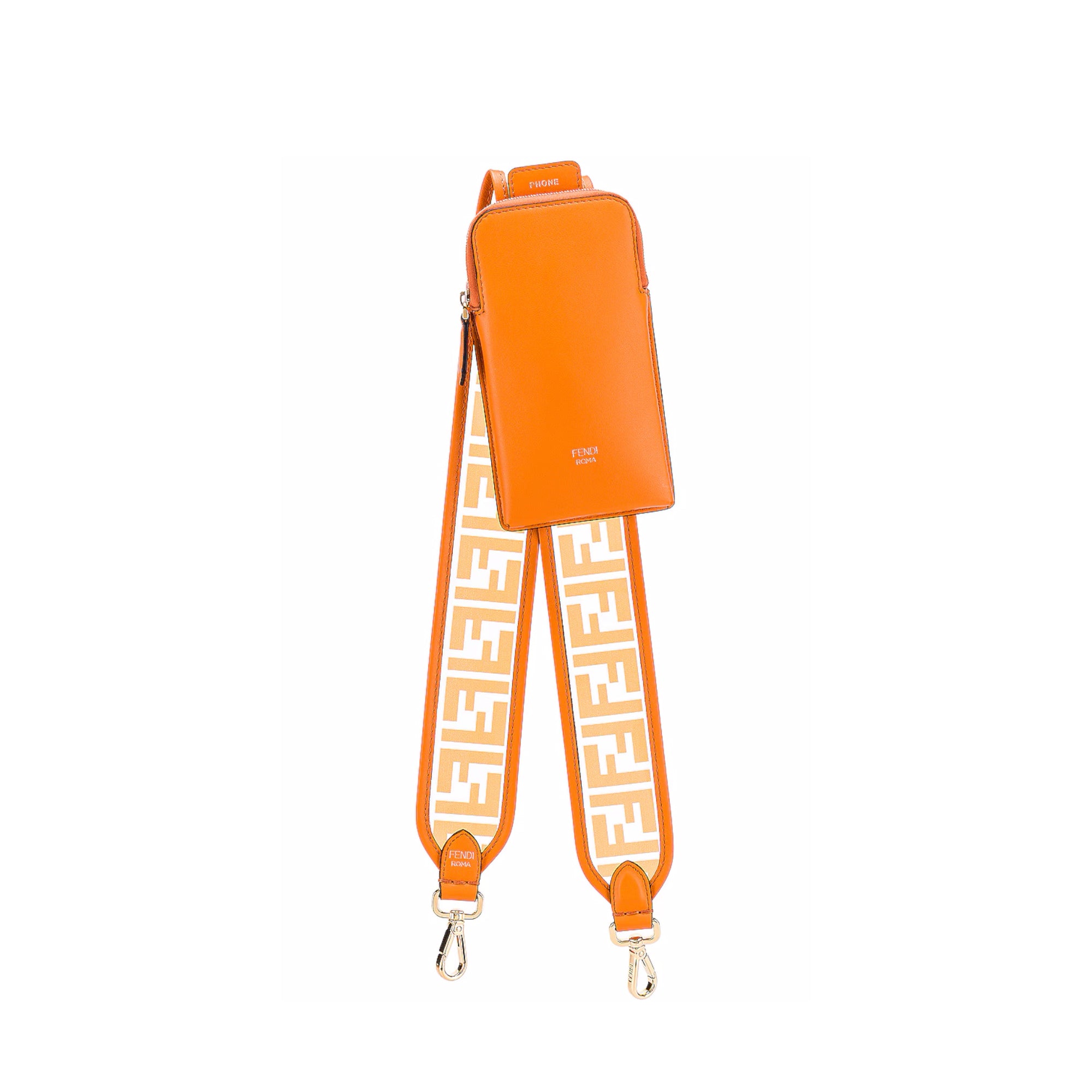 FENDI - Pochette de téléphone à bandoulière FF Fendi en cuir orange et PVC