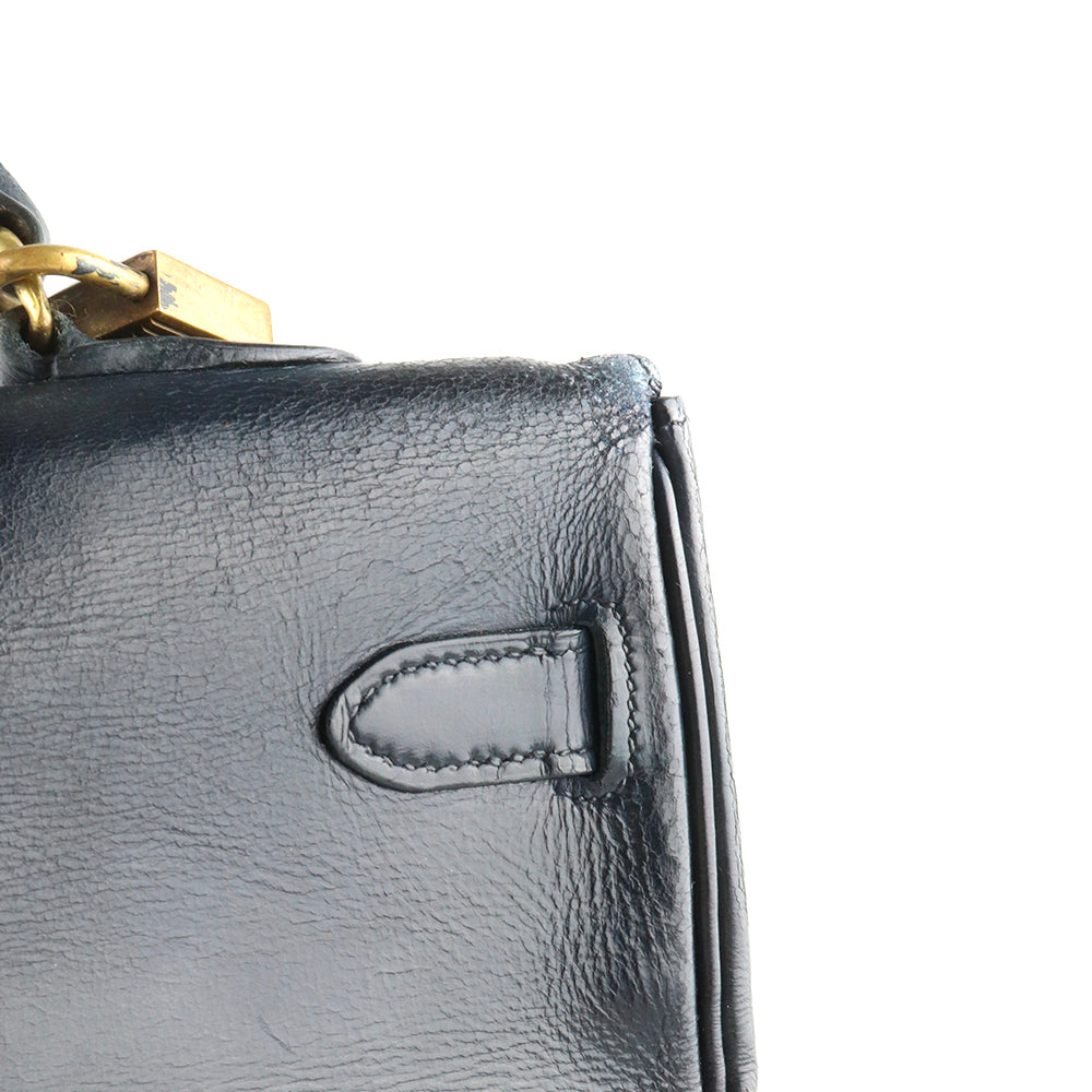HERMÈS - Sac à main Kelly 35 en cuir box bleu nuit