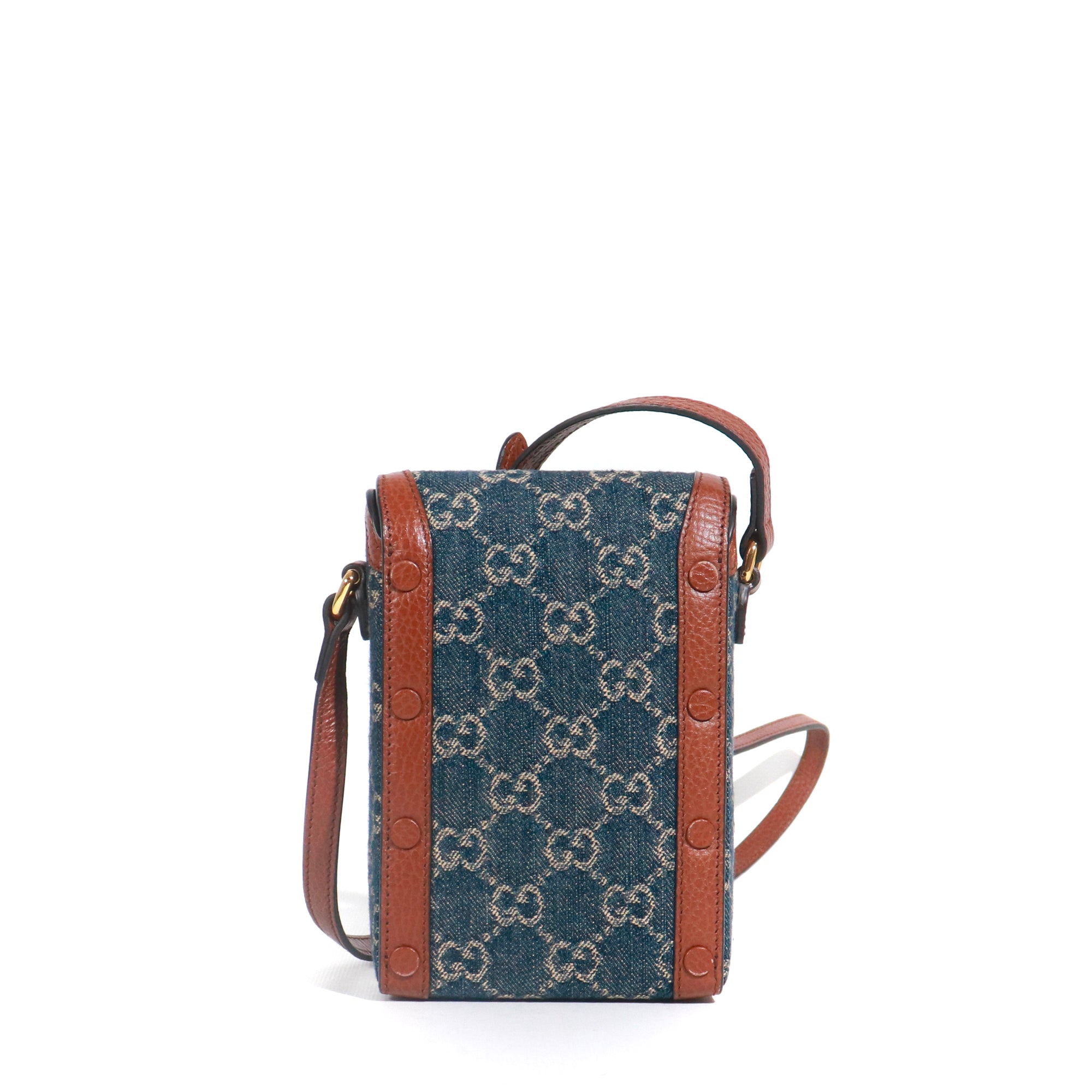 GUCCI - 1955 Mini horsebit detail shoulder bag in denim and brown leather