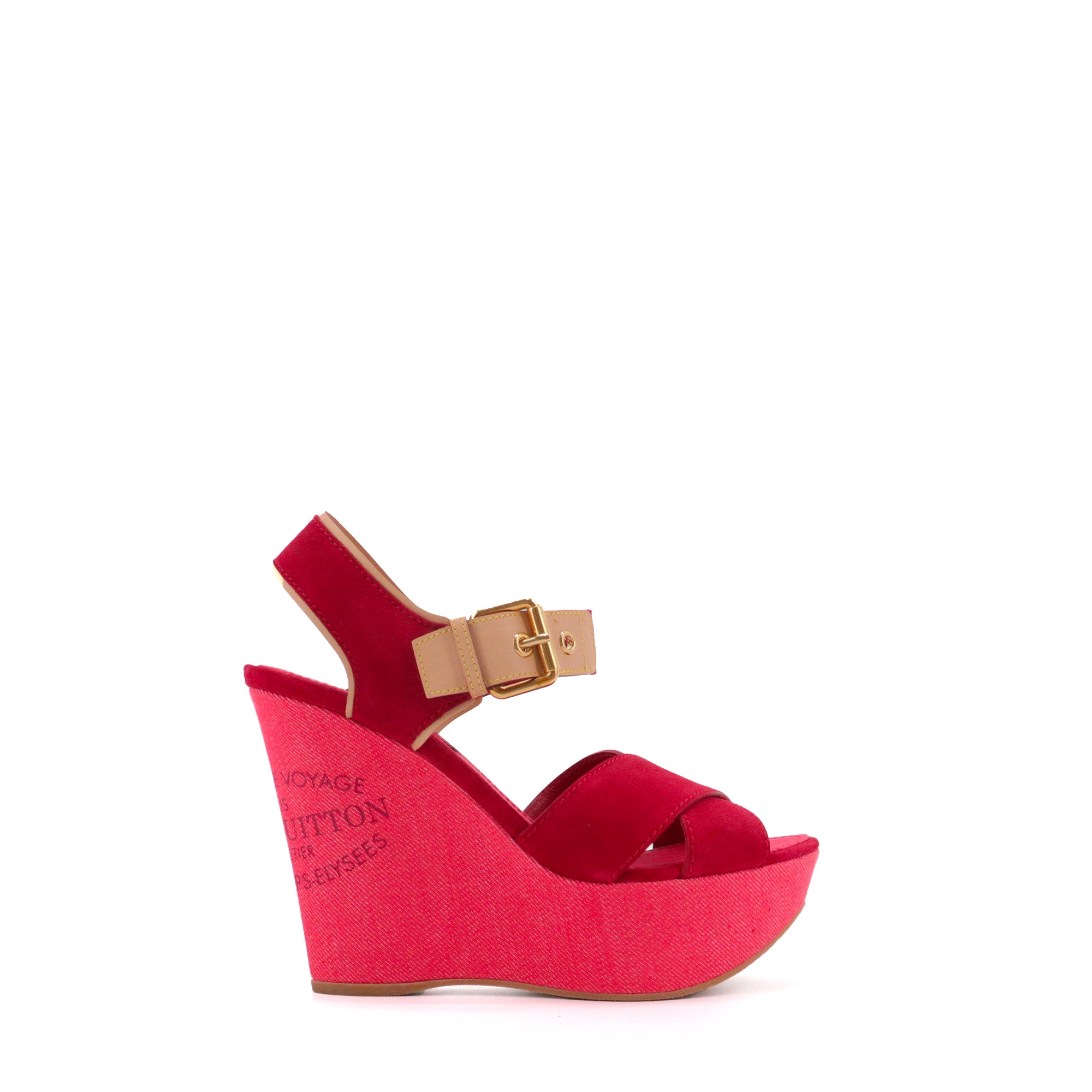 LOUIS VUITTON - Sandales compensées Louis Vuitton en denim et daim rouge (T37.5)