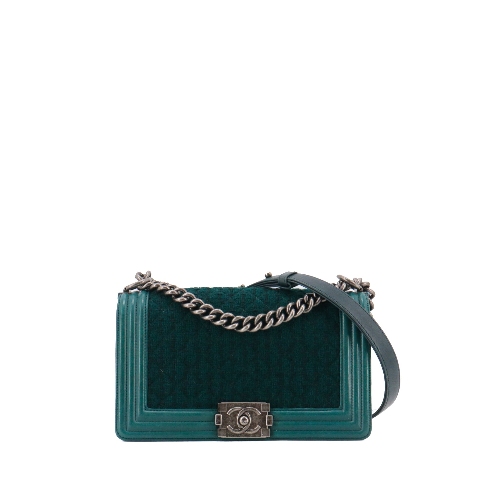 CHANEL - Sac à bandoulière Boy Chanel en tweed et cuir bleu canard