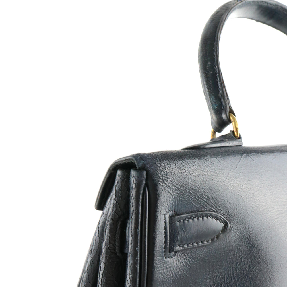 HERMÈS - Sac à main Kelly 35 en cuir box bleu nuit