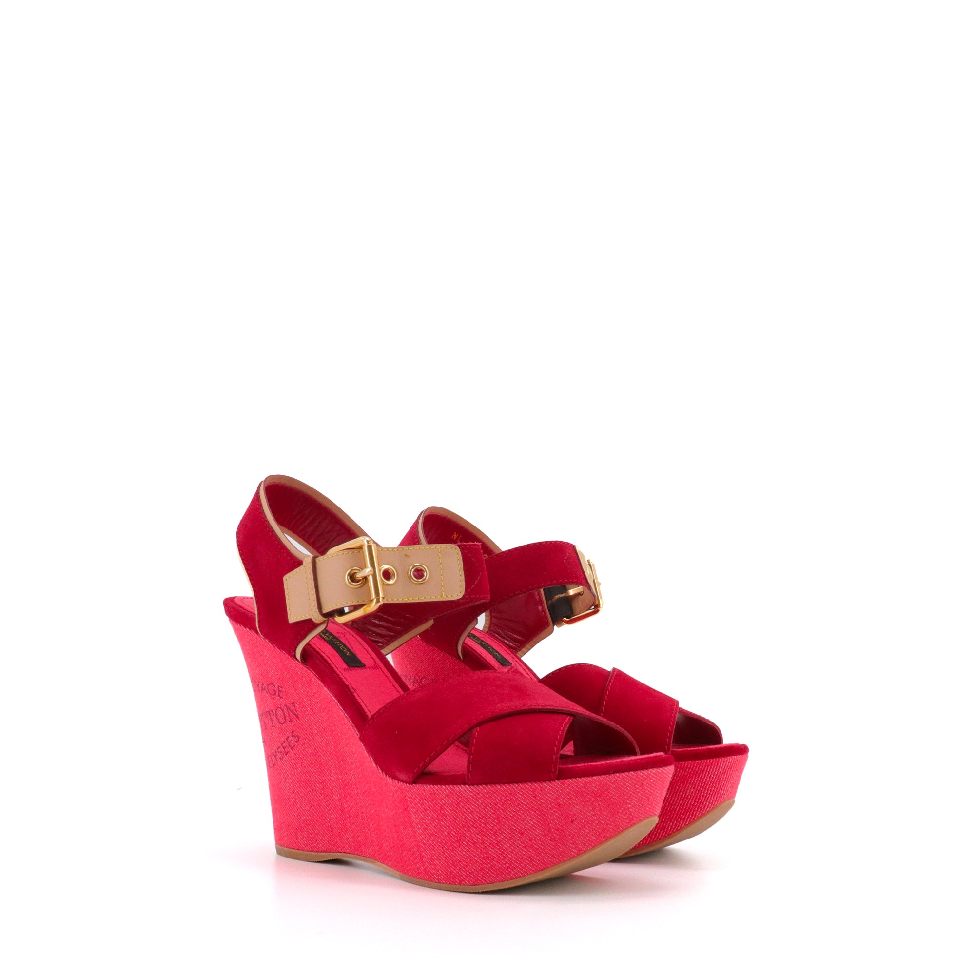 LOUIS VUITTON - Sandales compensées Louis Vuitton en denim et daim rouge (T37.5)