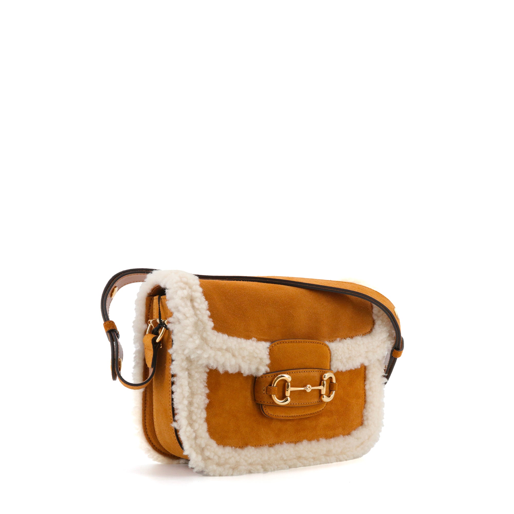 GUCCI - Sac à bandoulière Horsebit 1955 Gucci en daim camel et fourrure