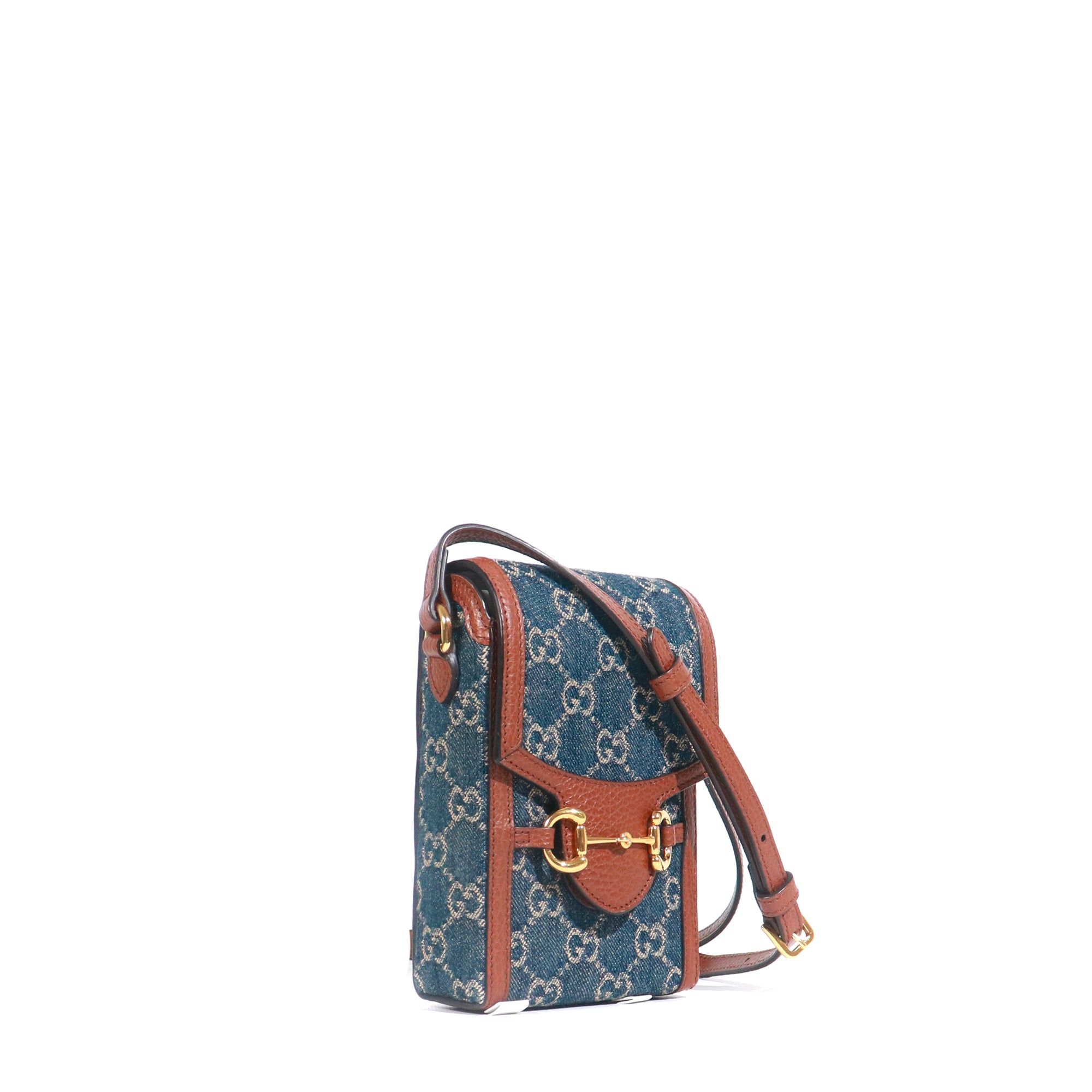 GUCCI - 1955 Mini horsebit detail shoulder bag in denim and brown leather