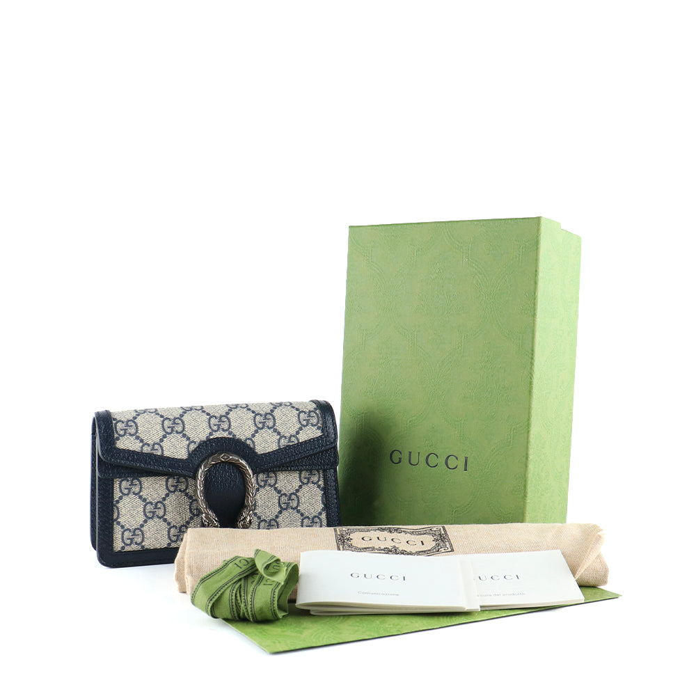 GUCCI - Dionysus super mini shoulder bag in navy blue leather and coated canvas