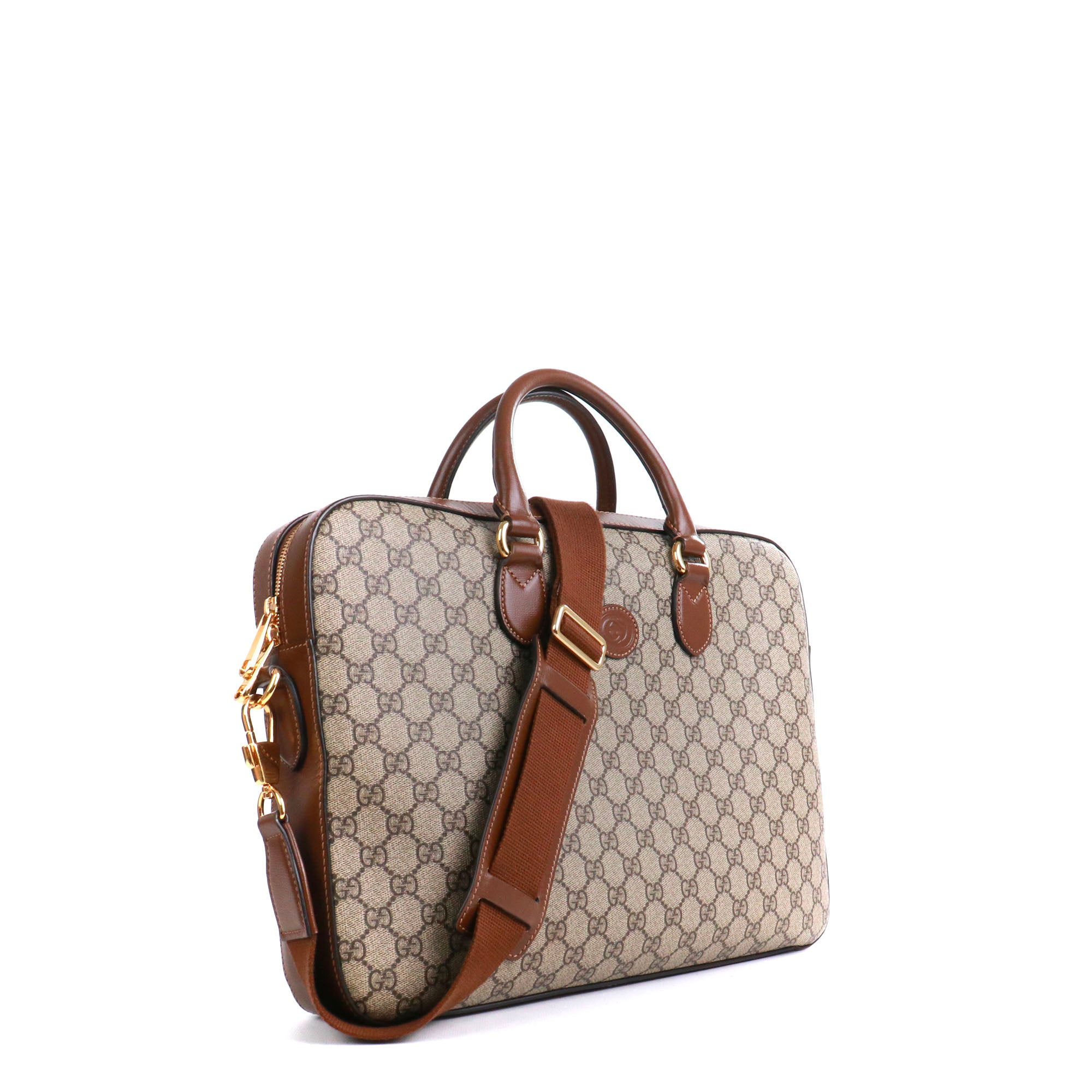 GUCCI - Sac Malette GG Gucci en toile enduite et cuir marron