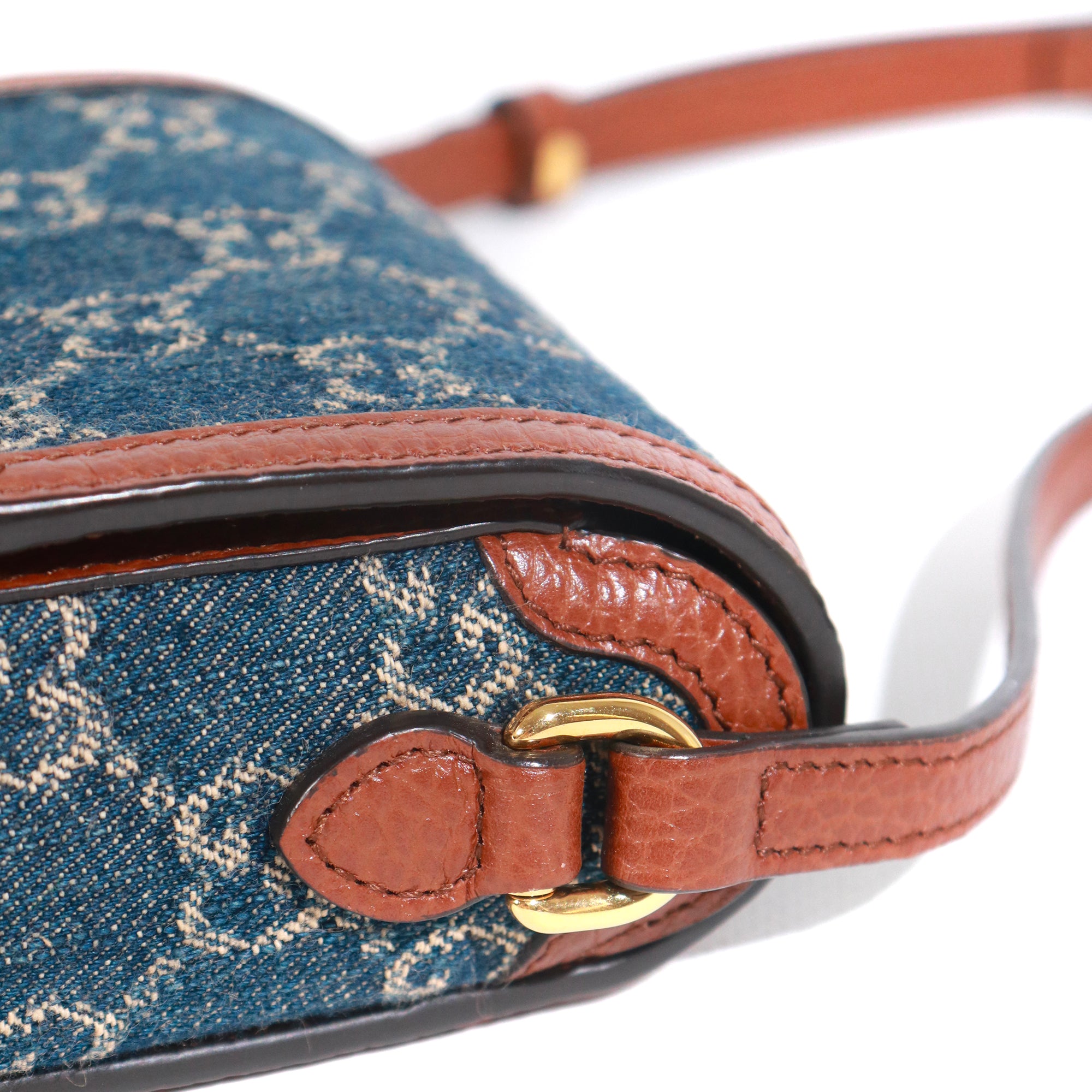 GUCCI - 1955 Mini horsebit detail shoulder bag in denim and brown leather