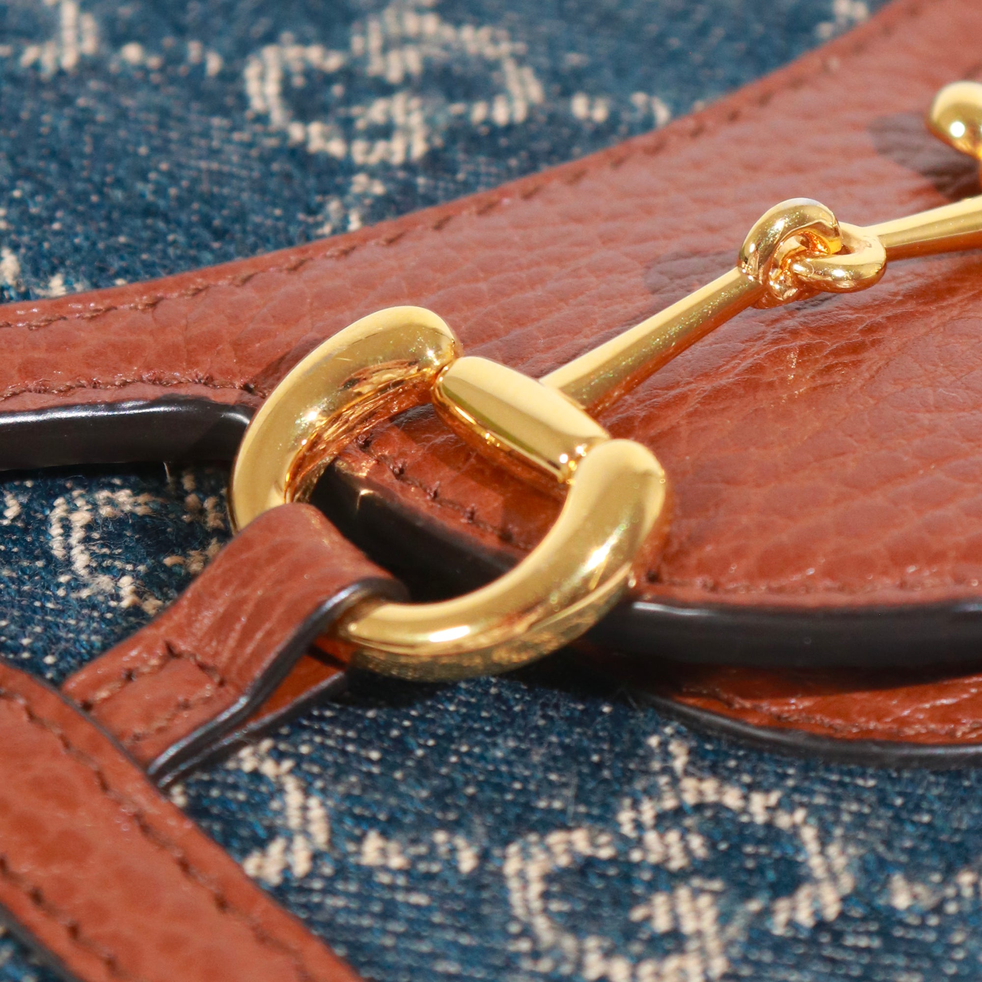 GUCCI - 1955 Mini horsebit detail shoulder bag in denim and brown leather