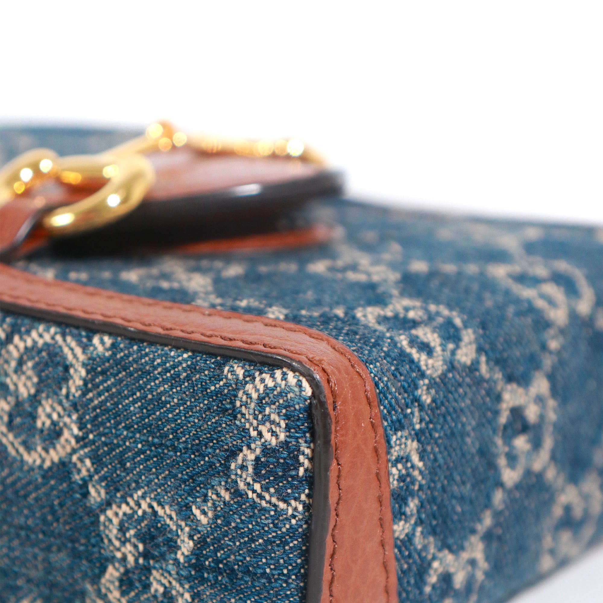 GUCCI - 1955 Mini horsebit detail shoulder bag in denim and brown leather