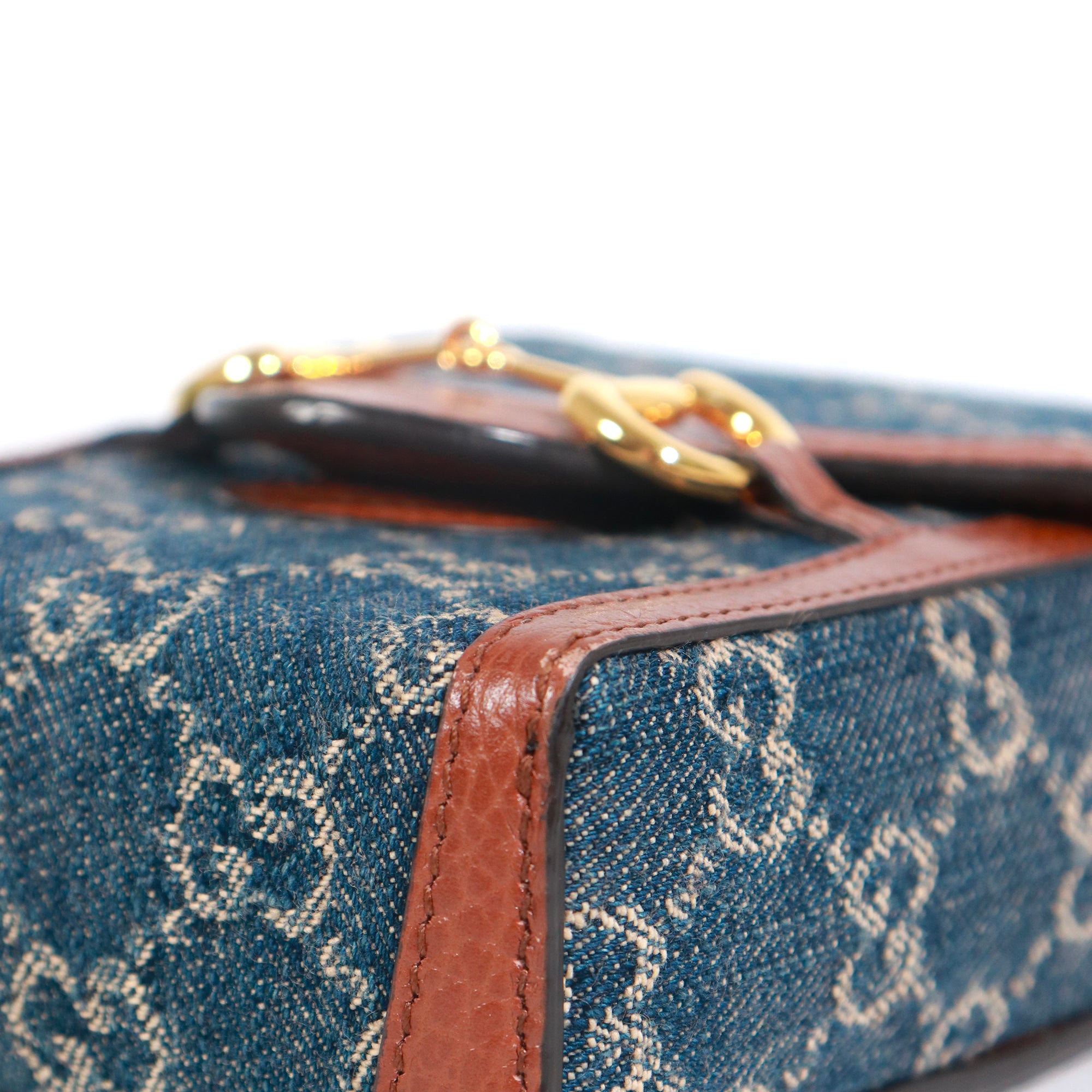 GUCCI - 1955 Mini horsebit detail shoulder bag in denim and brown leather