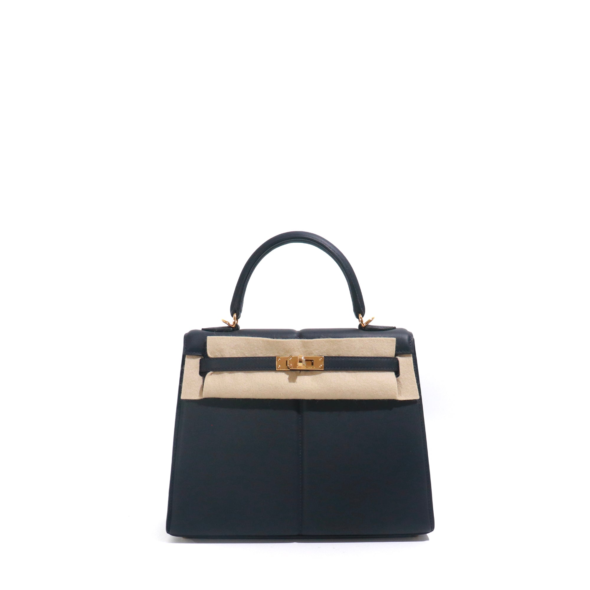 HERMÈS - Sac à main Kelly Padded 25 en cuir Swift Caban bleu marine
