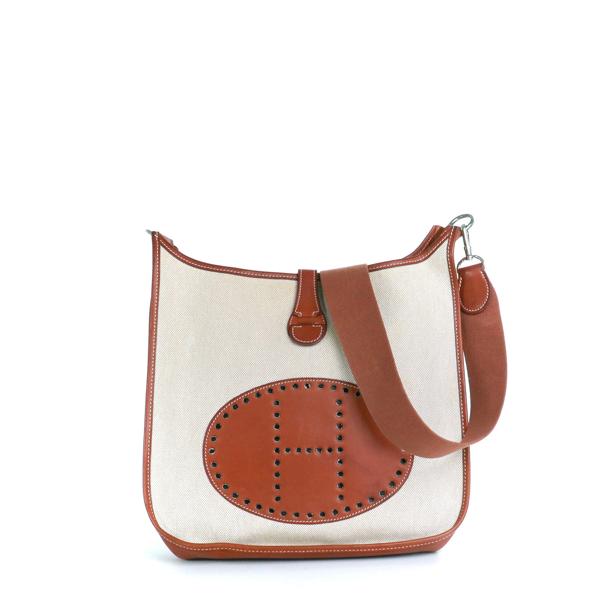 HERMÈS - Evelyne Hermès shoulder bag in gold leather and beige canvas