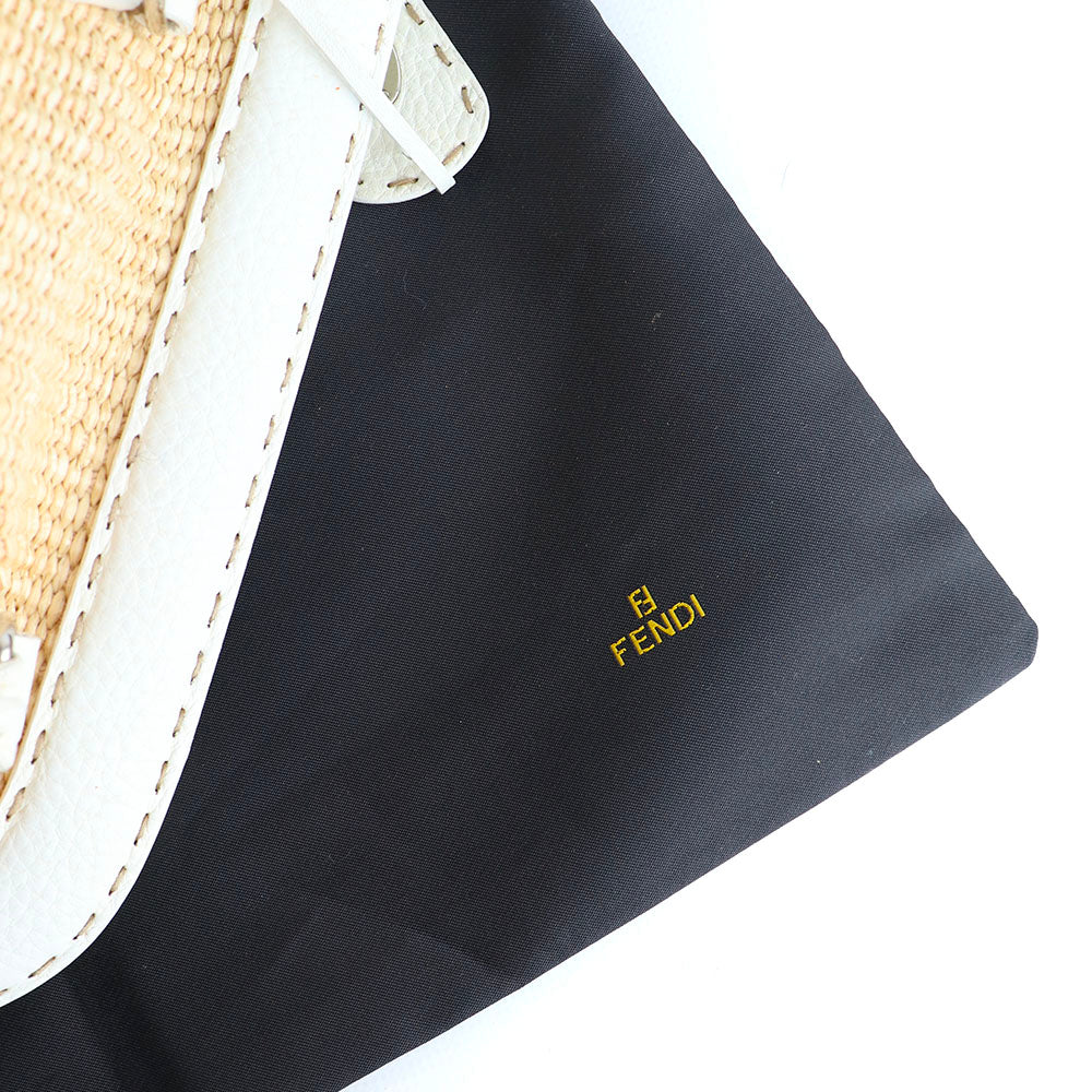 FENDI - White leather and vintage straw handbag