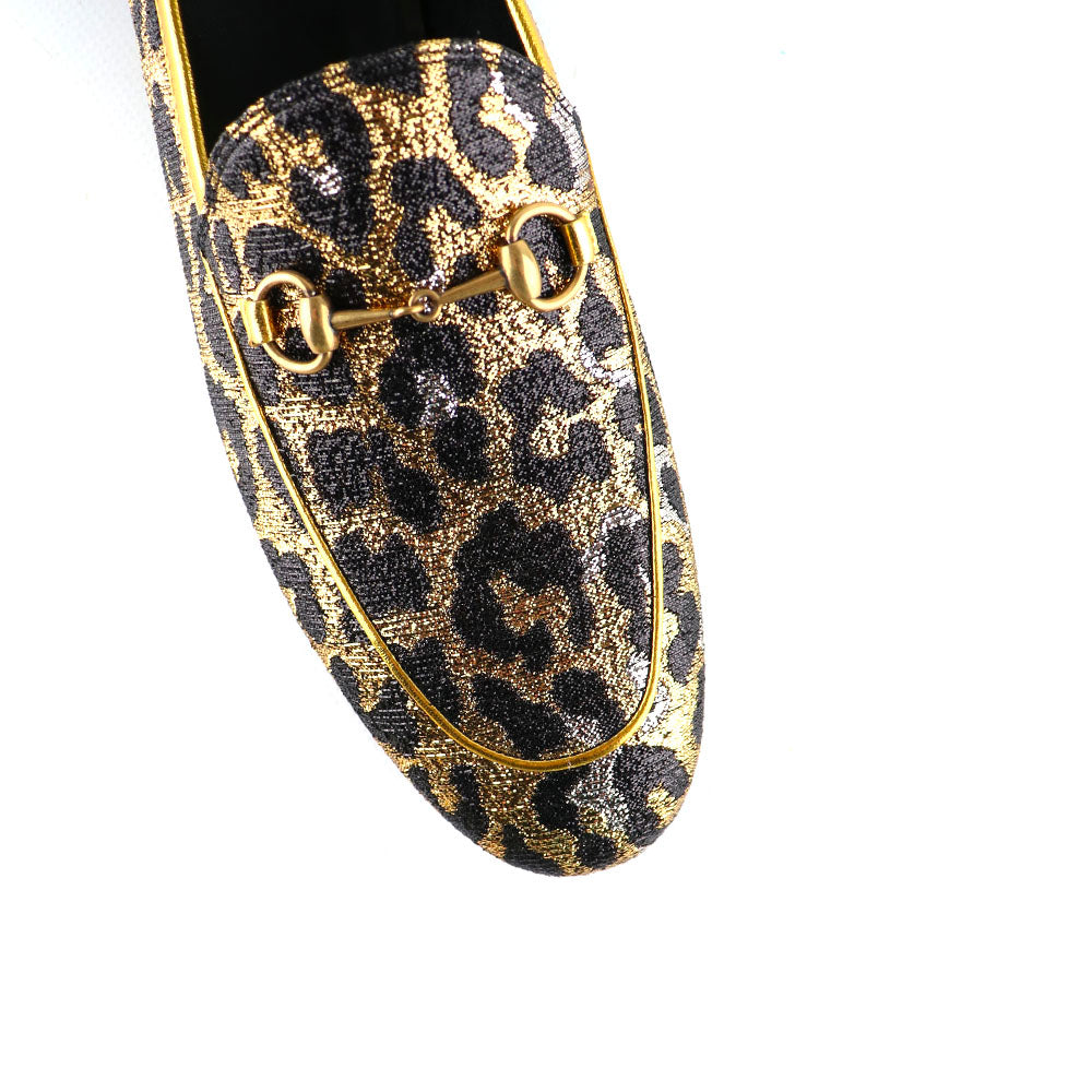 GUCCI - Mocassins Jordaan à paillettes dorées motif léopard (T40)