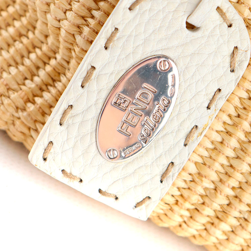 FENDI - White leather and vintage straw handbag