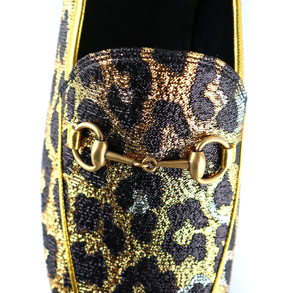 GUCCI - Mocassins Jordaan à paillettes dorées motif léopard (T40)