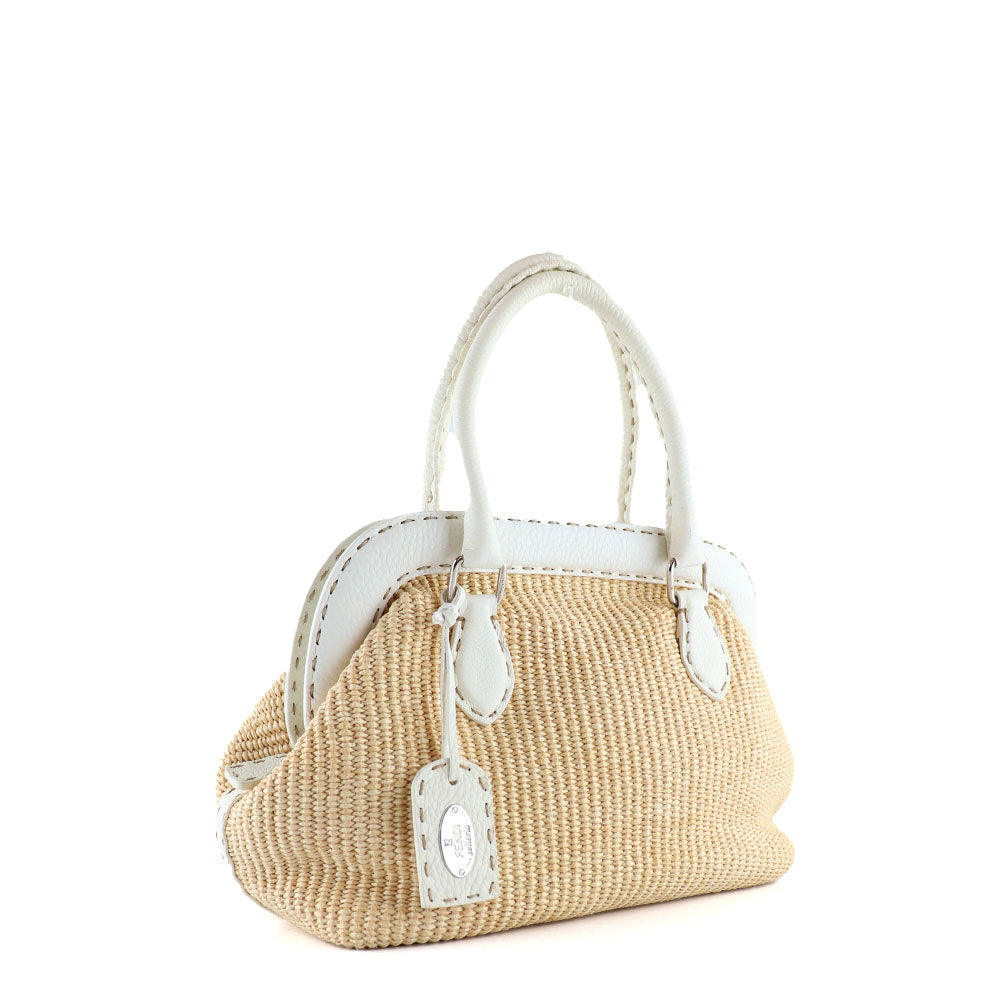 FENDI - White leather and vintage straw handbag