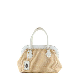 FENDI - White leather and vintage straw handbag