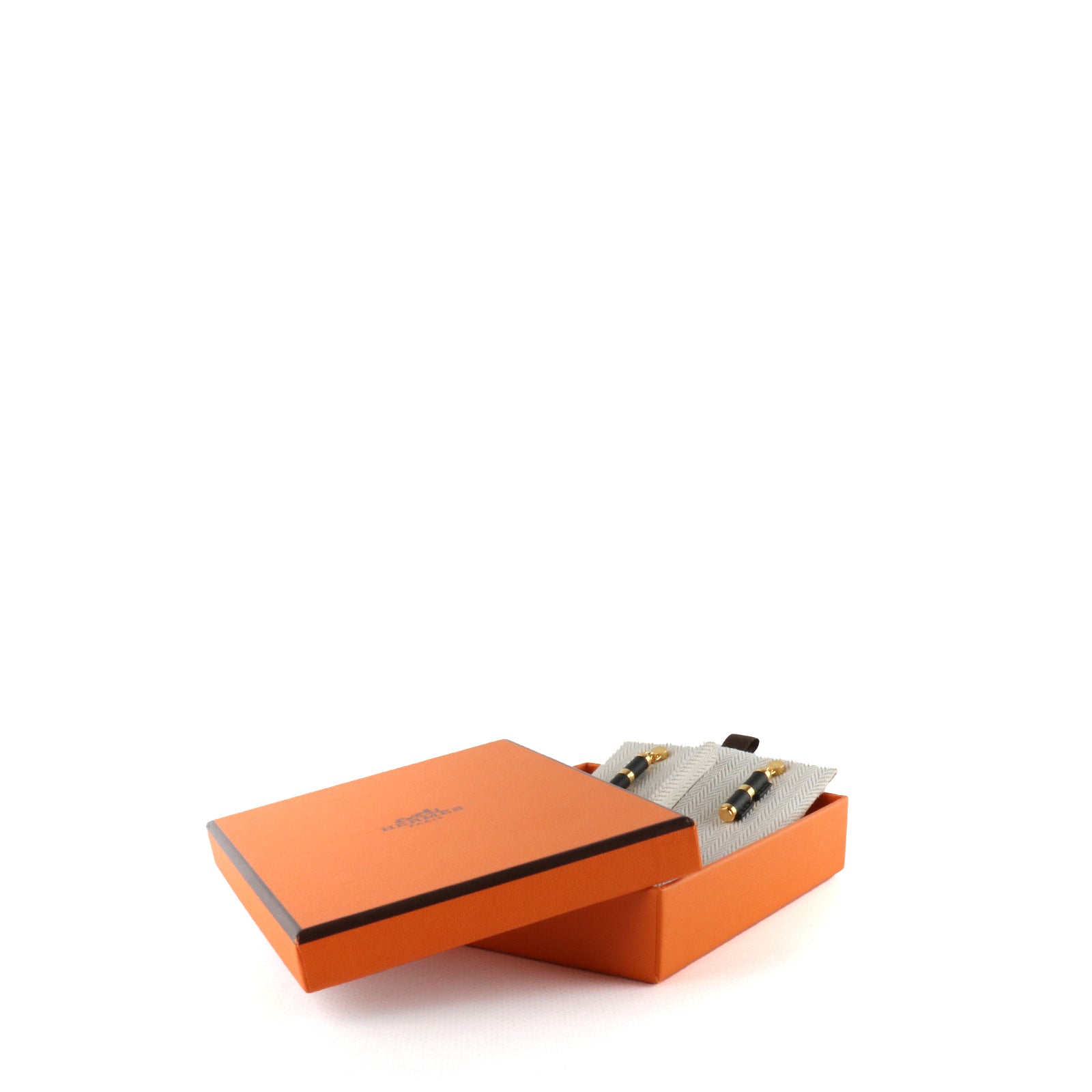 HERMÈS - Gold Hinge earrings and black leather 