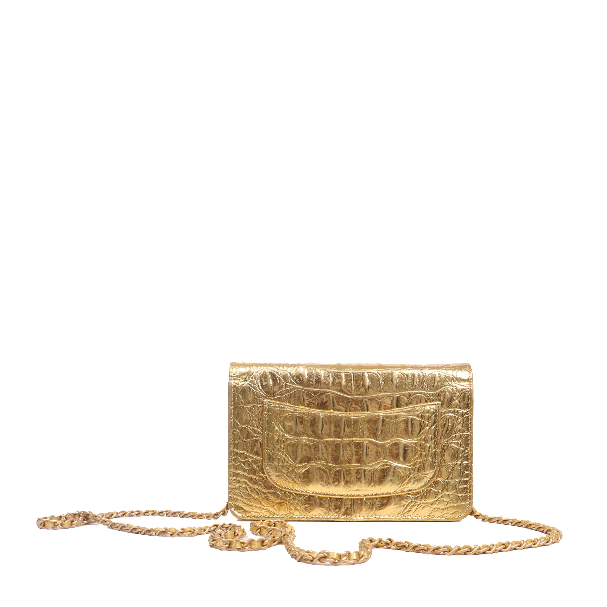 CHANEL - Sac Wallet On Chain Chanel en cuir embossé croco doré métallisé édition limitée