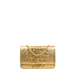 CHANEL - Sac Wallet On Chain Chanel en cuir embossé croco doré métallisé édition limitée