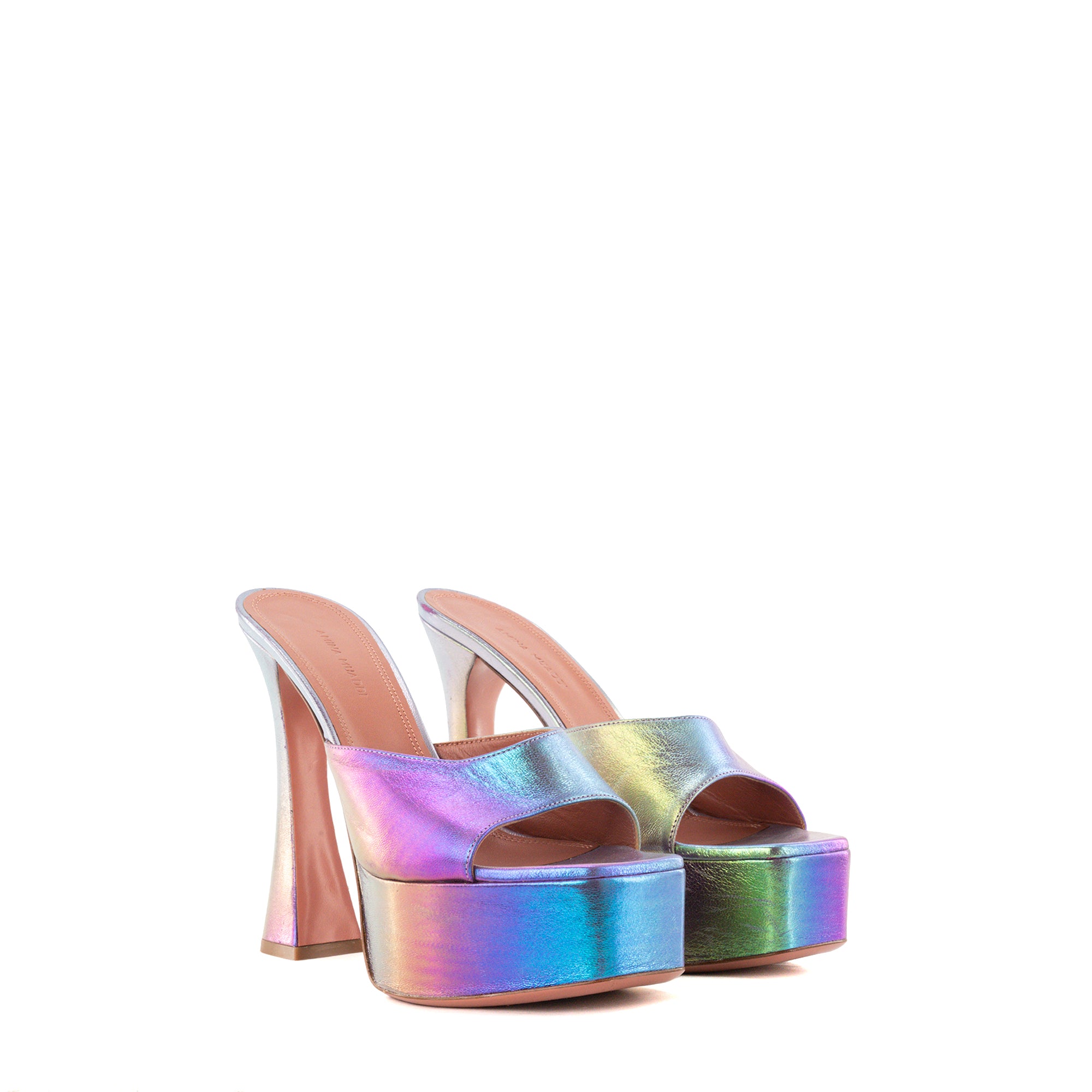 AMINA MUADDI - Mules à plateforme Dalida Amina Muaddi en cuir métallisé iridescent violet (T39)