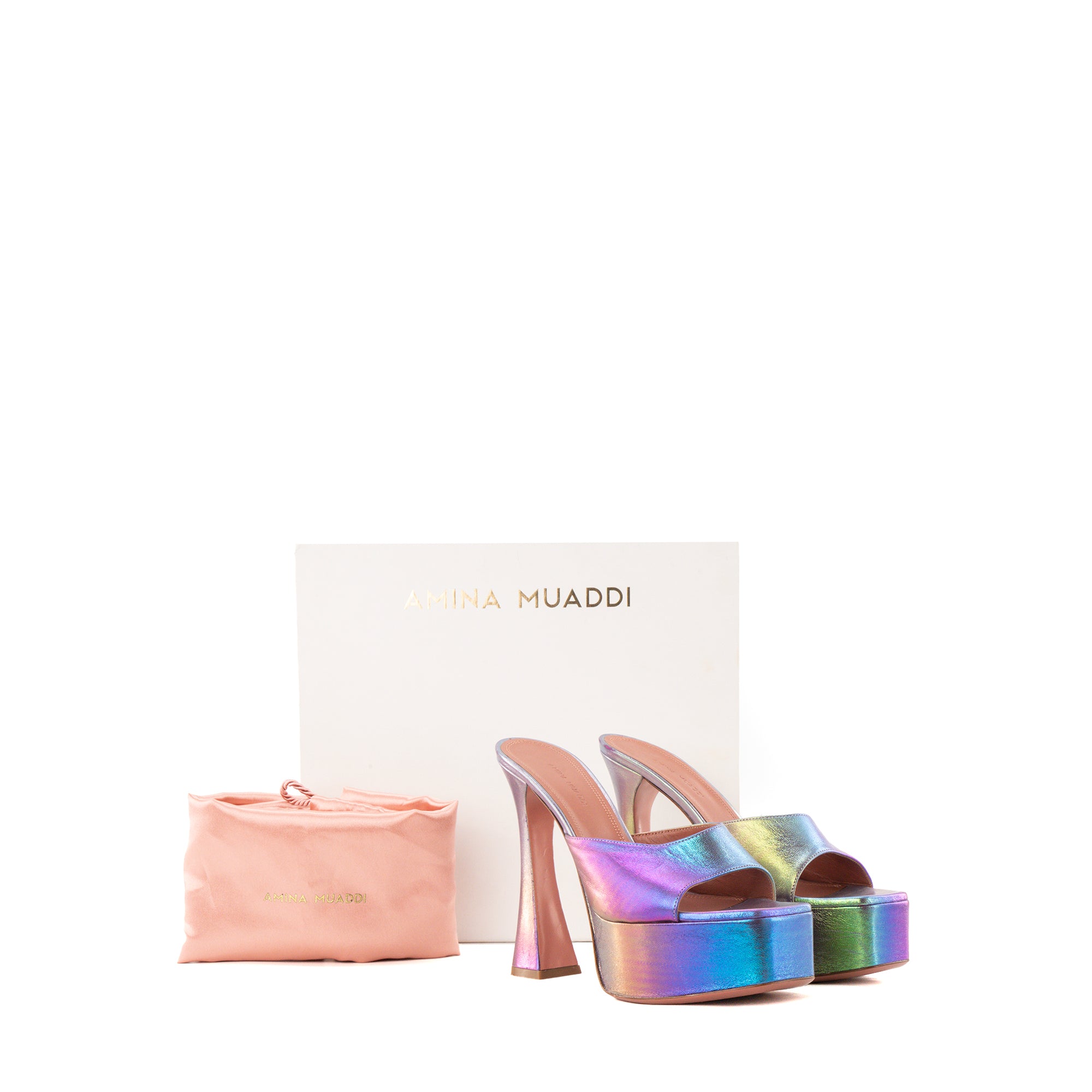 AMINA MUADDI - Mules à plateforme Dalida Amina Muaddi en cuir métallisé iridescent violet (T39)