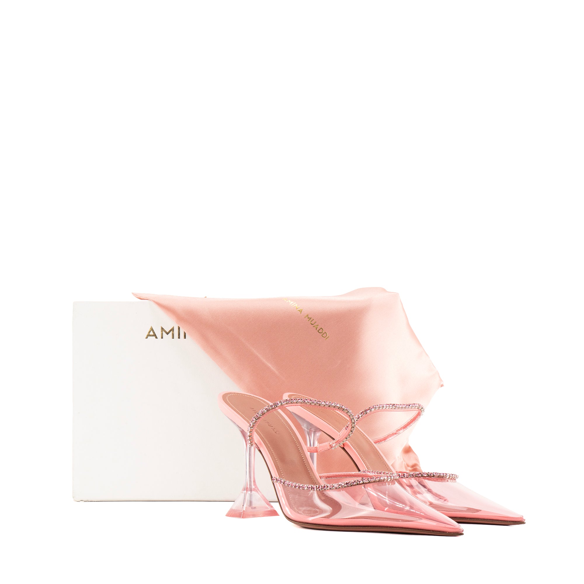 AMINA MUADDI - Mules à talons Gilda Amina Muaddi en PVC et strass roses (T41)